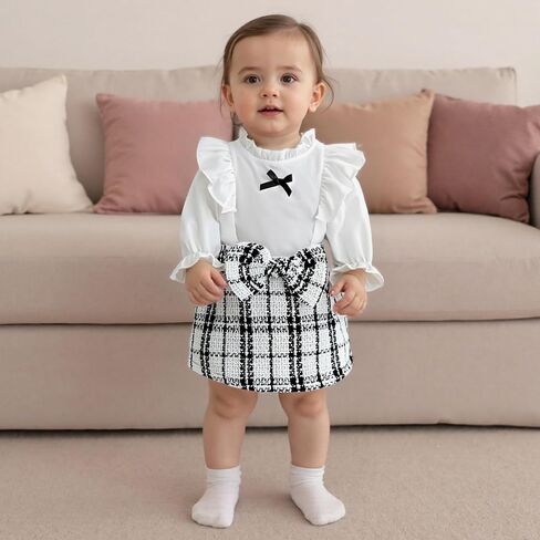 VISGOGO Toddler Girl Skirts Outfit Ribbed Long Sleeve Tops Plaid Tweed Pattern Skirt Beret Baby Fall Winter Clothes in Saudi Arabia