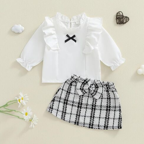 VISGOGO Toddler Girl Skirts Outfit Ribbed Long Sleeve Tops Plaid Tweed Pattern Skirt Beret Baby Fall Winter Clothes in Saudi Arabia