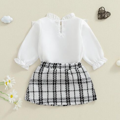 VISGOGO Toddler Girl Skirts Outfit Ribbed Long Sleeve Tops Plaid Tweed Pattern Skirt Beret Baby Fall Winter Clothes in Saudi Arabia
