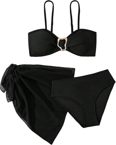 OYOANGLE Girl's 3 Piece Metallic Ring Bathing Suit High Waisted Hipster Bikini Swimsuit with Beach Skirt in Saudi Arabia
