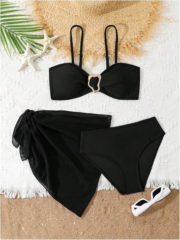 OYOANGLE Girl's 3 Piece Metallic Ring Bathing Suit High Waisted Hipster Bikini Swimsuit with Beach Skirt in Saudi Arabia