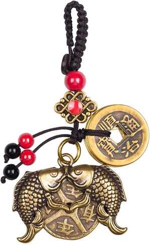 Brass Lucky Fish/Money Bag Keychain with Five Emperor Coins, Feng Shui Wealth Charm for Bag and Backpack in Saudi Arabia