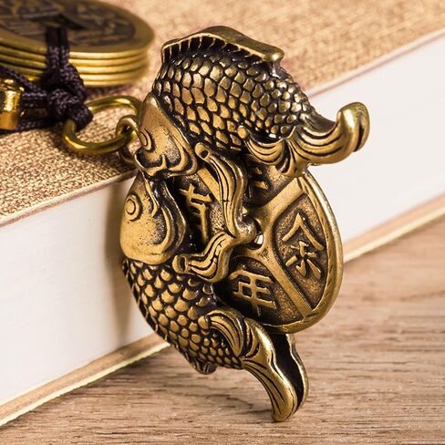 Brass Lucky Fish/Money Bag Keychain with Five Emperor Coins, Feng Shui Wealth Charm for Bag and Backpack in Saudi Arabia