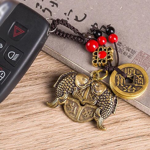 Brass Lucky Fish/Money Bag Keychain with Five Emperor Coins, Feng Shui Wealth Charm for Bag and Backpack in Saudi Arabia