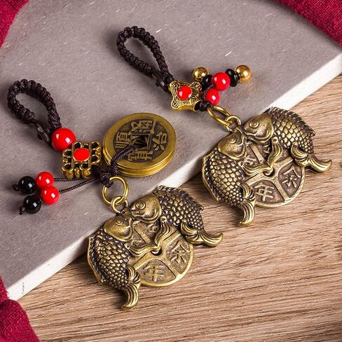 Brass Lucky Fish/Money Bag Keychain with Five Emperor Coins, Feng Shui Wealth Charm for Bag and Backpack in Saudi Arabia