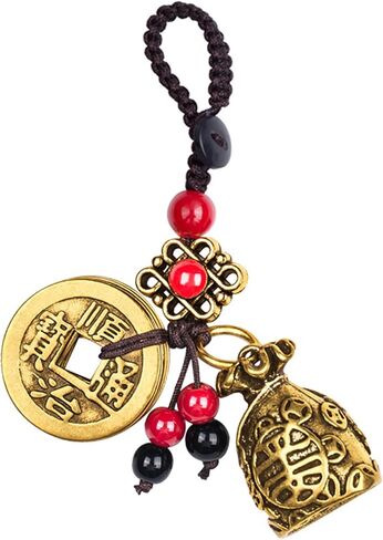Brass Lucky Fish/Money Bag Keychain with Five Emperor Coins, Feng Shui Wealth Charm for Bag and Backpack in Saudi Arabia