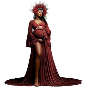 Satin Slit Maternity Dress for Baby Shower Elegant Long Sleeve V Neck Ruffles Pregnancy Gown for Photoshoot in Saudi Arabia