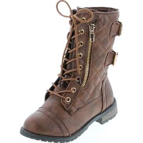 Link Girls Mango-79 Kids Combat Lace Up Quilted Dual Buckle Zip Decor Mid Calf Motorcycle Boots in Saudi Arabia