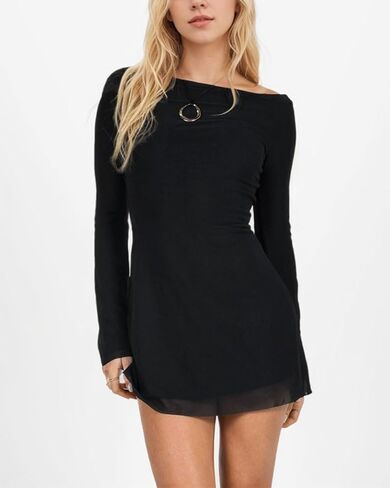 Women Sexy Boat Neck Backless Mesh Mini Dress Solid Slim Fit Bell Long Sleeve Self Tie Back Sheer Short Dresses in Kuwait