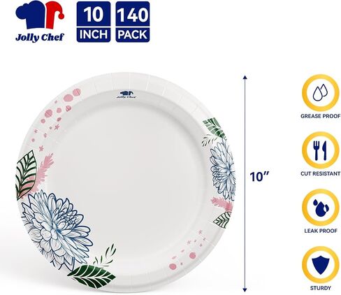 أطباق ورقية من JOLLY CHEF عدد 140، مقاومة للنقع، مقاومة للقطع، مطبوعة على شكل زهرة شديدة التحمل، مقاس 25.4 سم، للاستخدام اليومي in Saudi Arabia