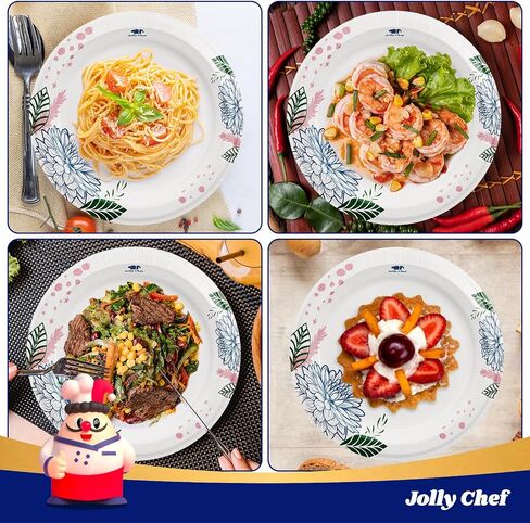 أطباق ورقية من JOLLY CHEF عدد 140، مقاومة للنقع، مقاومة للقطع، مطبوعة على شكل زهرة شديدة التحمل، مقاس 25.4 سم، للاستخدام اليومي in Saudi Arabia