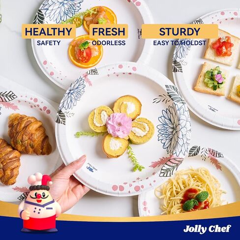 أطباق ورقية من JOLLY CHEF عدد 140، مقاومة للنقع، مقاومة للقطع، مطبوعة على شكل زهرة شديدة التحمل، مقاس 25.4 سم، للاستخدام اليومي in Saudi Arabia