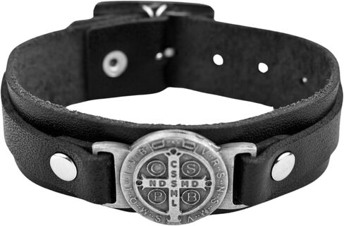 Black Leather St. Benedict Adjustable Bracelet, Religious Jewelry Gift in Saudi Arabia