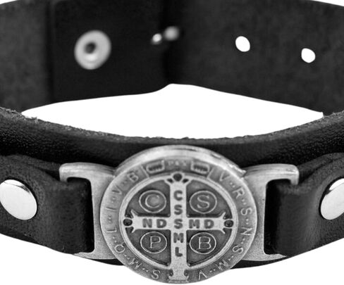 Black Leather St. Benedict Adjustable Bracelet, Religious Jewelry Gift in Saudi Arabia