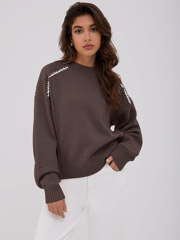 ZAFUL Sweaters for Women 2025 Fall Chunky Knit Crewneck Long Sleeve Pullover Tops Fashion Casual Winter Trendy Clothes in Saudi Arabia