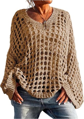 SHENHE Women's Plus Size Crochet Sweater Oversized Hollow Out Long Sleeve Coverup Pullover in Saudi Arabia