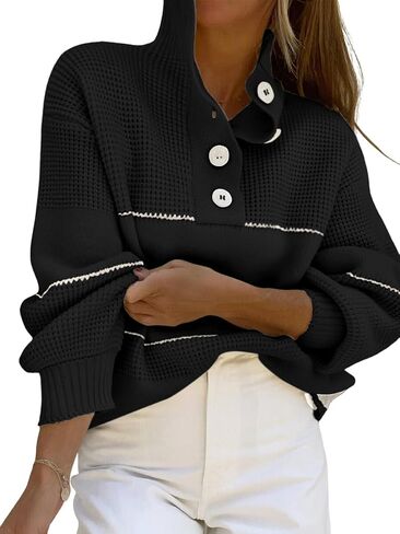 Women's Oversized Waffle Knitted Button Up Sweater Polo Collared Striped Jumper Sweater Tops in Saudi Arabia
