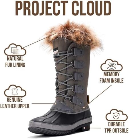 Project Cloud Womens Snow Boots 100% Genuine Leather Memory Foam (Ventura) | 100% Genuine Leather; Memory Foam Insole; Fur Mid-Calf Design; Lightweight; Non-Slip Outdoor Winter Shoes for Women in Saudi Arabia
