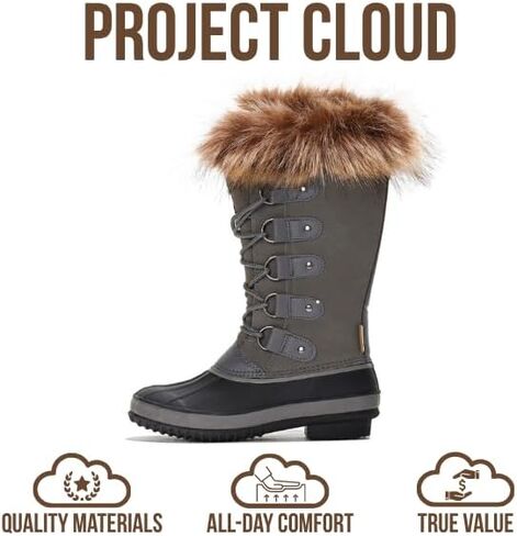 Project Cloud Womens Snow Boots 100% Genuine Leather Memory Foam (Ventura) | 100% Genuine Leather; Memory Foam Insole; Fur Mid-Calf Design; Lightweight; Non-Slip Outdoor Winter Shoes for Women in Saudi Arabia