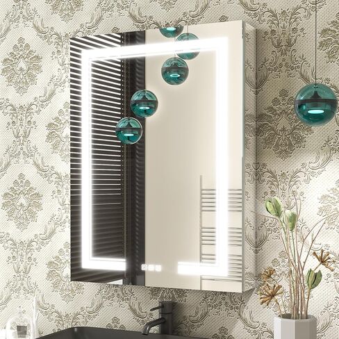 خزانة أدوية LED مقاس 24 × 32 للحمام مع مرآة، خزانة تخزين منظمة للحمام مع أضواء، باهتة، مزيل ضباب، 3 ألوان للمكياج، 2 منافذ وUSB، مرآة تخزين لزينة الحمام، يمين... in Kuwait