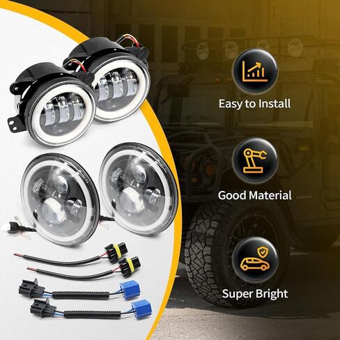 7 inch Headlights & 4 inch Fog Lights Compatible with 2007-2017 Wrangler JK 2004-2006 Wrangler LJ 1997-2006 Wrangler TJ 2011-2013 Grand Cherokee 1992-2006 H1 2003-2009 H2 2006-2010 H3 in Saudi Arabia