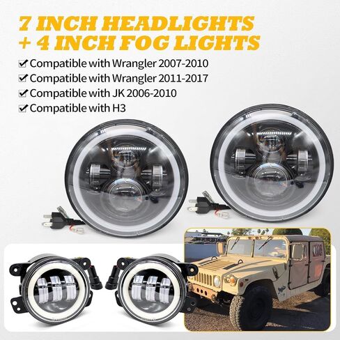 7 inch Headlights & 4 inch Fog Lights Compatible with 2007-2017 Wrangler JK 2004-2006 Wrangler LJ 1997-2006 Wrangler TJ 2011-2013 Grand Cherokee 1992-2006 H1 2003-2009 H2 2006-2010 H3 in Saudi Arabia