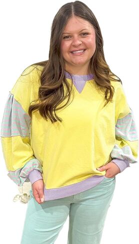 بالإضافة إلى حجم الأصفر مخطط كتلة اللون المرقعة Crewneck البلوز البلوز in Saudi Arabia