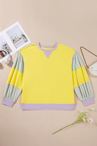 بالإضافة إلى حجم الأصفر مخطط كتلة اللون المرقعة Crewneck البلوز البلوز in Saudi Arabia