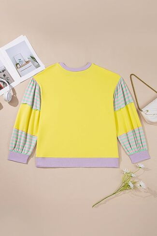 بالإضافة إلى حجم الأصفر مخطط كتلة اللون المرقعة Crewneck البلوز البلوز in Saudi Arabia