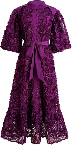 LAI MENG FIVE CATS Women's 3D Floral Puff Sleeves High Neck Buttons Loose Fishtail Hem Maxi Dress in Kuwait