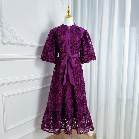 LAI MENG FIVE CATS Women's 3D Floral Puff Sleeves High Neck Buttons Loose Fishtail Hem Maxi Dress in Kuwait