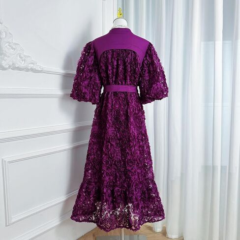 LAI MENG FIVE CATS Women's 3D Floral Puff Sleeves High Neck Buttons Loose Fishtail Hem Maxi Dress in Kuwait