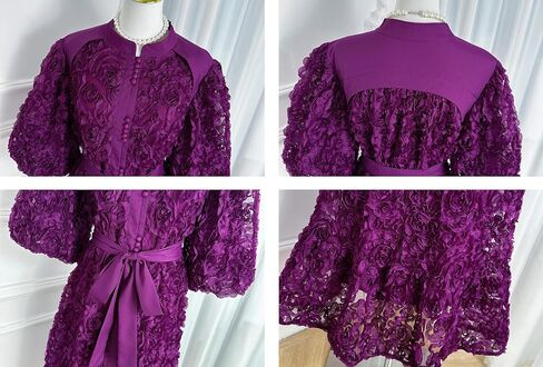 LAI MENG FIVE CATS Women's 3D Floral Puff Sleeves High Neck Buttons Loose Fishtail Hem Maxi Dress in Kuwait