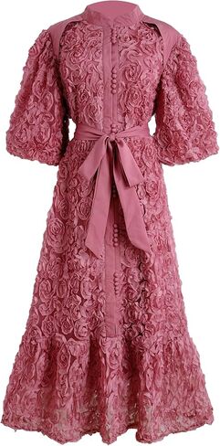 LAI MENG FIVE CATS Women's 3D Floral Puff Sleeves High Neck Buttons Loose Fishtail Hem Maxi Dress in Saudi Arabia