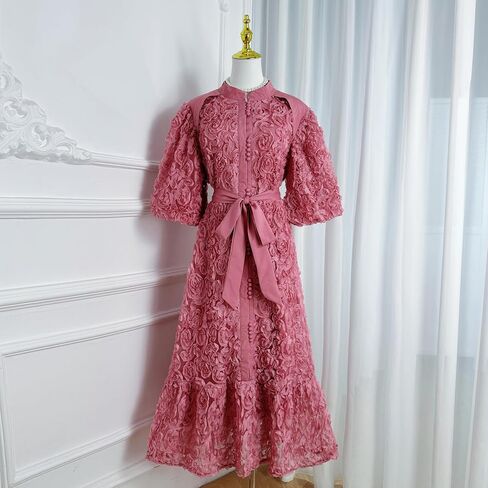 LAI MENG FIVE CATS Women's 3D Floral Puff Sleeves High Neck Buttons Loose Fishtail Hem Maxi Dress in Saudi Arabia
