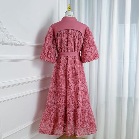 LAI MENG FIVE CATS Women's 3D Floral Puff Sleeves High Neck Buttons Loose Fishtail Hem Maxi Dress in Saudi Arabia