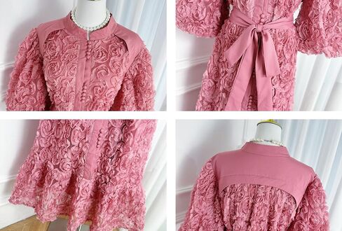 LAI MENG FIVE CATS Women's 3D Floral Puff Sleeves High Neck Buttons Loose Fishtail Hem Maxi Dress in Saudi Arabia