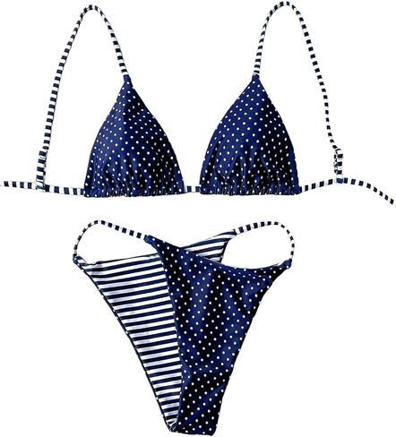 Verdusa Women's 2 Piece Polka Dots Triangle Bikini Sets Reversible Striped Tie Back High Cut Swimsuit in Saudi Arabia