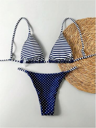 Verdusa Women's 2 Piece Polka Dots Triangle Bikini Sets Reversible Striped Tie Back High Cut Swimsuit in Saudi Arabia