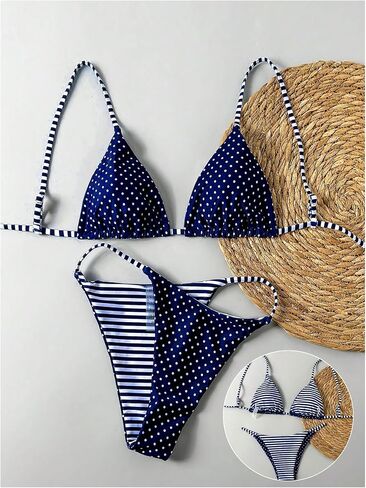 Verdusa Women's 2 Piece Polka Dots Triangle Bikini Sets Reversible Striped Tie Back High Cut Swimsuit in Saudi Arabia