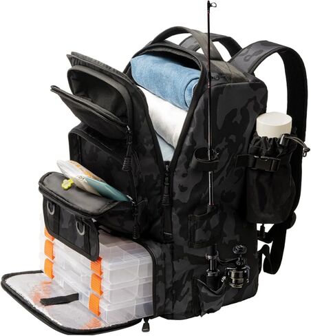 حقيبة ظهر لصيد الأسماك مع حامل قضيب، حقيبة ظهر لصيد الأسماك بسعة 40 لتر مع مبرد، حقيبة كبيرة لصيد الأسماك مقاومة للماء لتخزين معدات الصيد (مموهة سوداء) in Kuwait