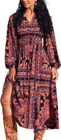 CUPSHE Women Fall Dresses Floral Long Sleeve V Neck Casual A Line Long Flowy Boho Smocked Maxi Dress in Saudi Arabia