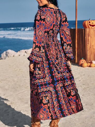 CUPSHE Women Fall Dresses Floral Long Sleeve V Neck Casual A Line Long Flowy Boho Smocked Maxi Dress in Saudi Arabia