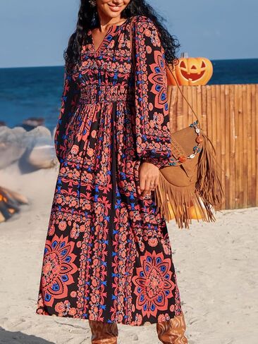 CUPSHE Women Fall Dresses Floral Long Sleeve V Neck Casual A Line Long Flowy Boho Smocked Maxi Dress in Saudi Arabia