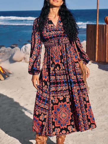 CUPSHE Women Fall Dresses Floral Long Sleeve V Neck Casual A Line Long Flowy Boho Smocked Maxi Dress in Saudi Arabia