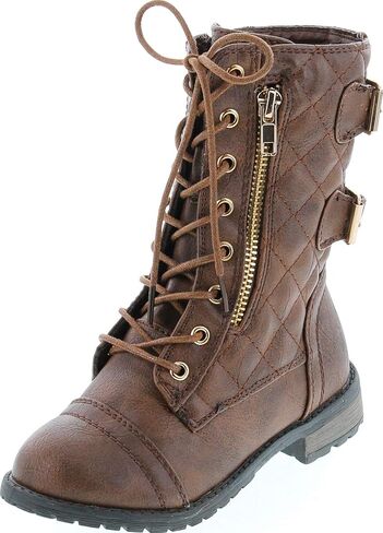 Link Girls Mango-79 Kids Combat Lace Up Quilted Dual Buckle Zip Decor Mid Calf Motorcycle Boots in Saudi Arabia