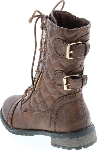 Link Girls Mango-79 Kids Combat Lace Up Quilted Dual Buckle Zip Decor Mid Calf Motorcycle Boots in Saudi Arabia