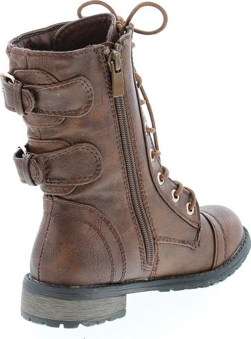 Link Girls Mango-79 Kids Combat Lace Up Quilted Dual Buckle Zip Decor Mid Calf Motorcycle Boots in Saudi Arabia