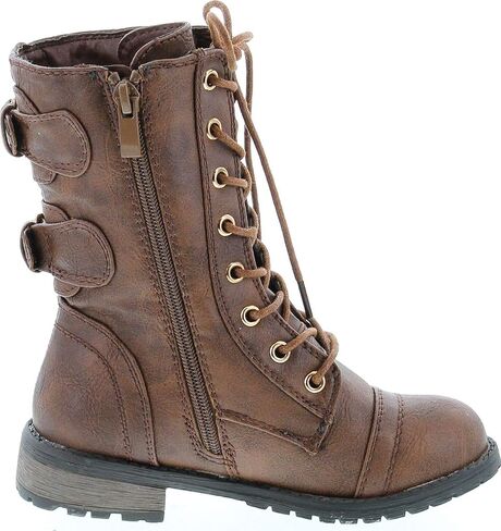Link Girls Mango-79 Kids Combat Lace Up Quilted Dual Buckle Zip Decor Mid Calf Motorcycle Boots in Saudi Arabia