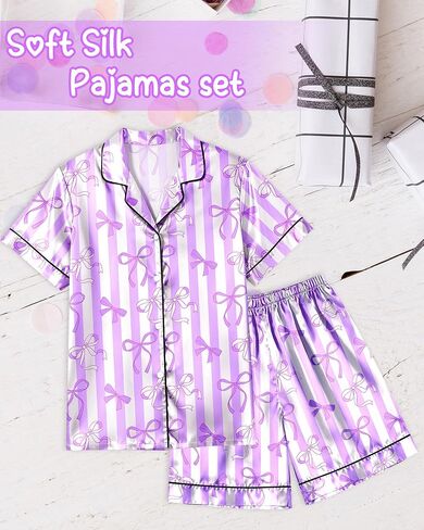 طقم بيجامات بناتي من Sylfairy حرير PJS ملابس نوم من الساتان بفيونكة وأكمام قصيرة للأطفال ملابس نوم بأزرار سفلية مقاس 7-8 10-12 in Kuwait